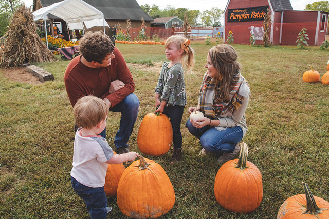 Family picking pumpkins at a pumpkin patch in Branson, Missouri during fall.