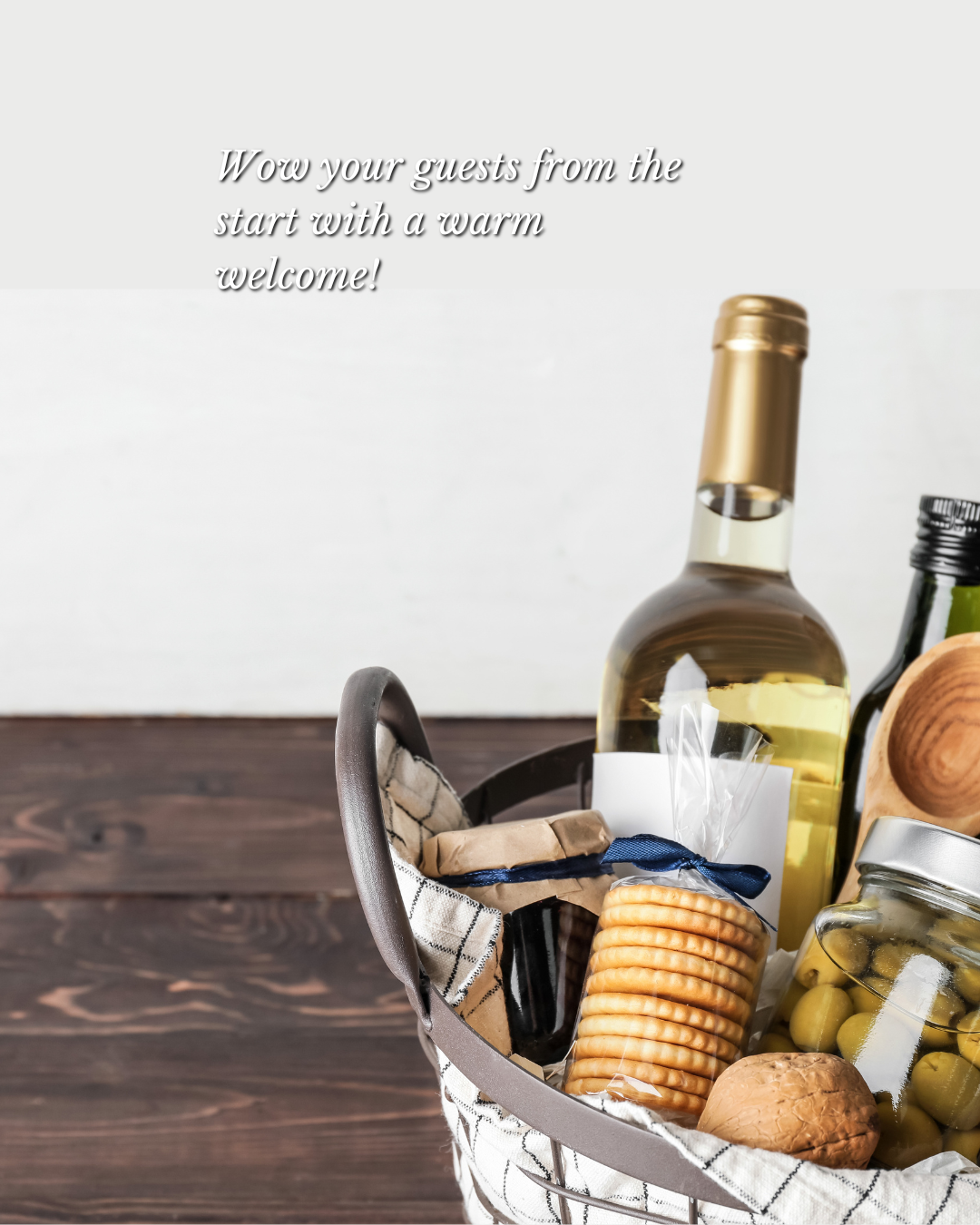 Guest welcome basket with wine and snacks in Branson short-term rental