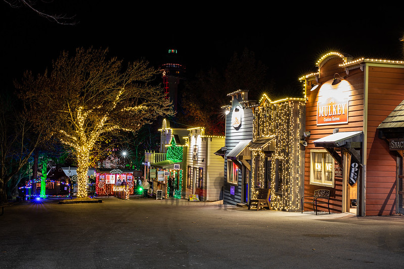 Old Time Christmas lights at Silver Dollar City in Branson, Missouri at night.